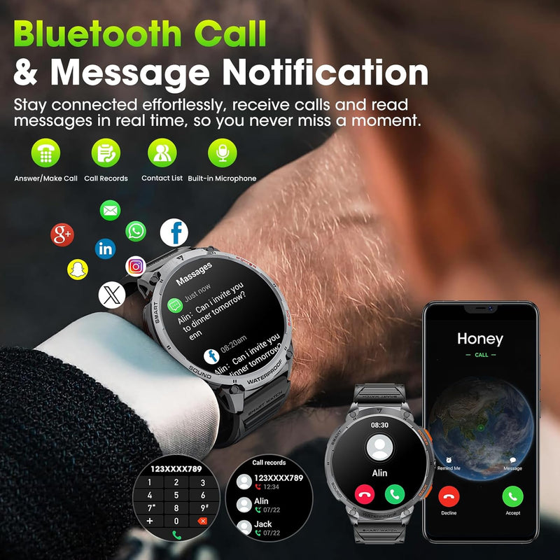 Militaire Smartwatch voor Mannen met 1,85" HD Scherm en Fakkel