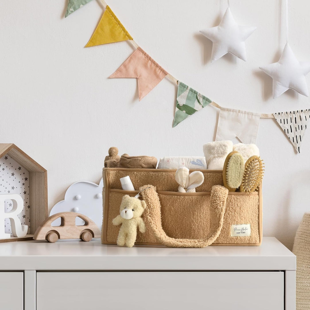 Baby Diaper Bag Caddy Organizer – Soft Sherpa Storage Basket with Compartments – Elvoria 