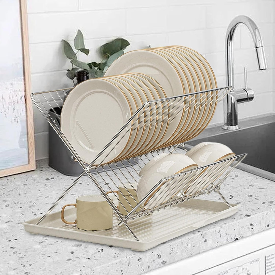 Folding Dish Drying Rack – 2-Tier Countertop Drying Rack with Removable Drip Tray – Kelvra 