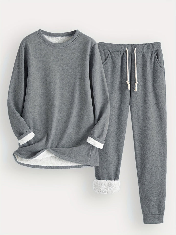 Tweedelige set in gemêleerd donkergrijs: trui en joggingbroek met zakken, zachte witte fleecevoering aan de binnenkant 3