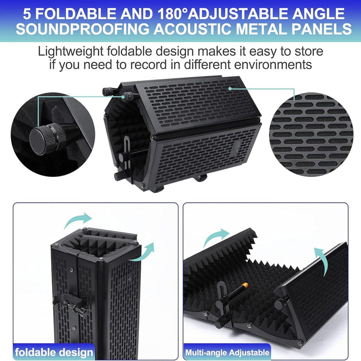 Triple Folding Microphone Isolation Screen with Tripod Stand 