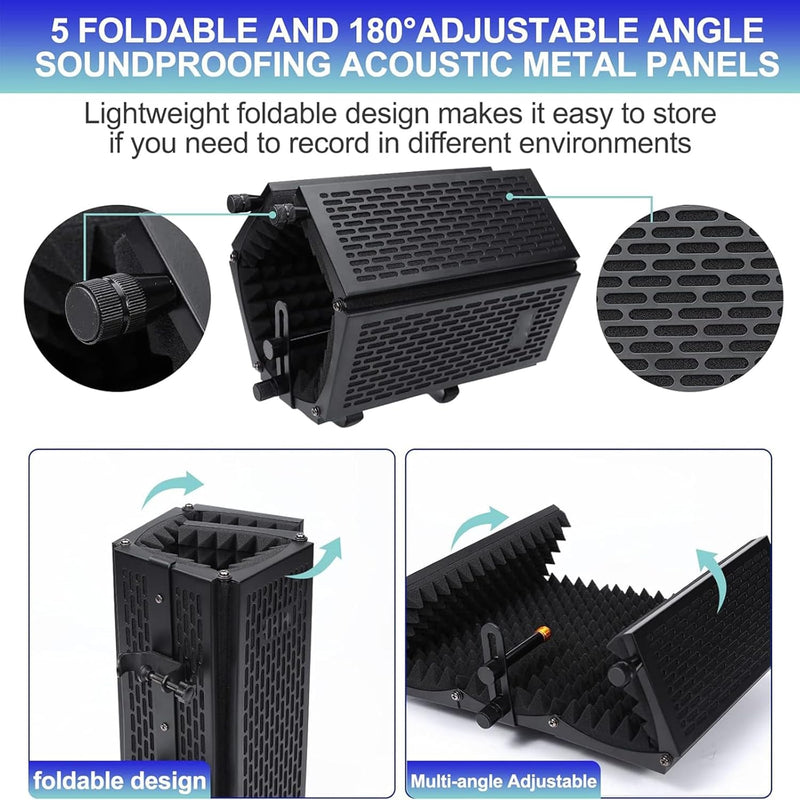 Triple Folding Microphone Isolation Screen with Tripod Stand 