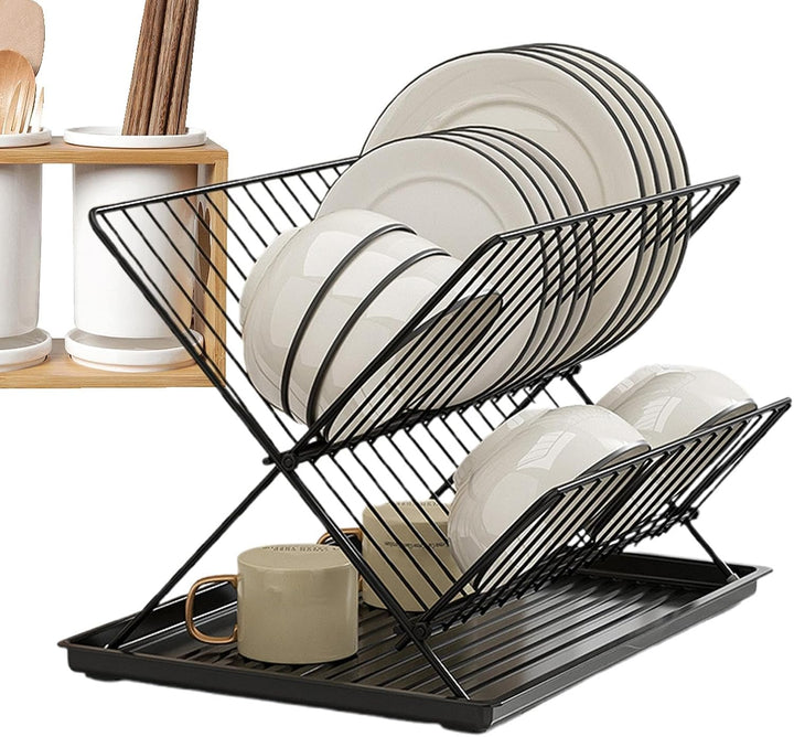 Folding Dish Drying Rack – 2-Tier Countertop Drying Rack with Removable Drip Tray – Kelvra 