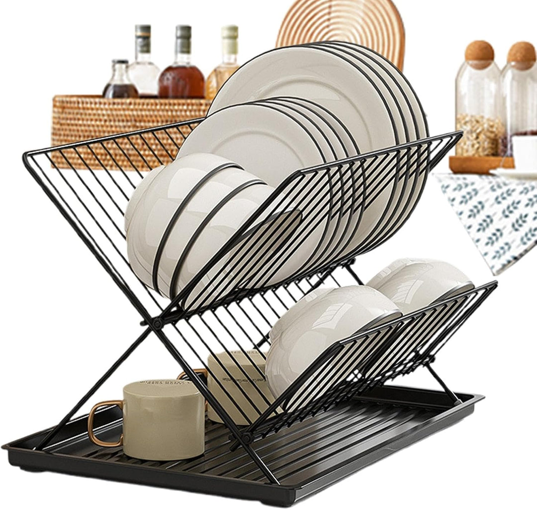 Folding Dish Drying Rack – 2-Tier Countertop Drying Rack with Removable Drip Tray – Kelvra 