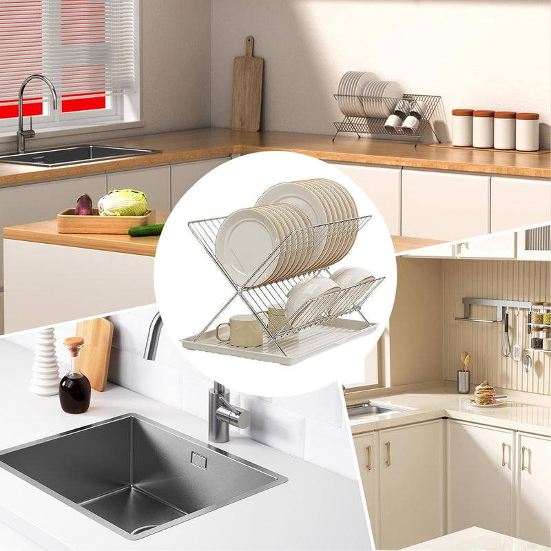 Folding Dish Drying Rack – 2-Tier Countertop Drying Rack with Removable Drip Tray – Kelvra 