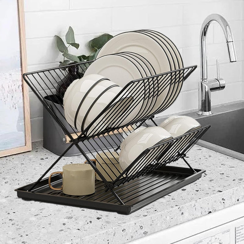 Folding Dish Drying Rack – 2-Tier Countertop Drying Rack with Removable Drip Tray – Kelvra 