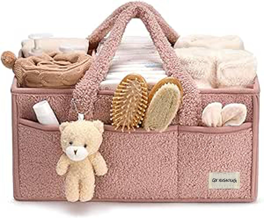 Baby Diaper Bag Caddy Organizer – Soft Sherpa Storage Basket with Compartments – Elvoria 