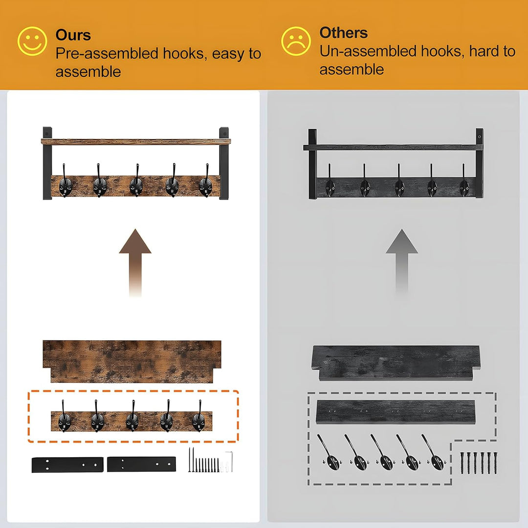 Wall-Mounted Coat Rack with Shelf and 5 Metal Hooks – Ravora 