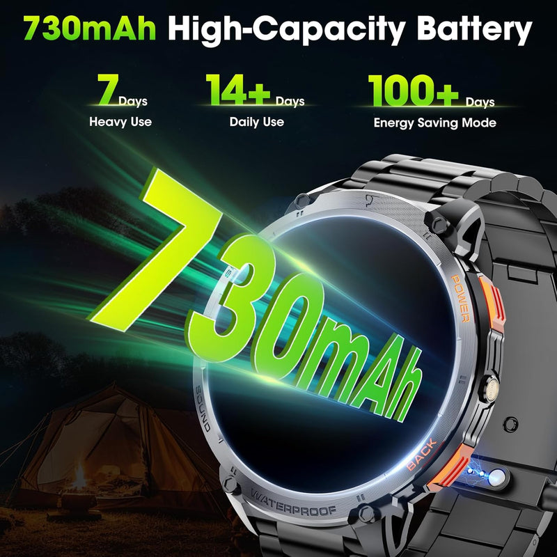 Militaire Smartwatch voor Mannen met 1,85" HD Scherm en Fakkel