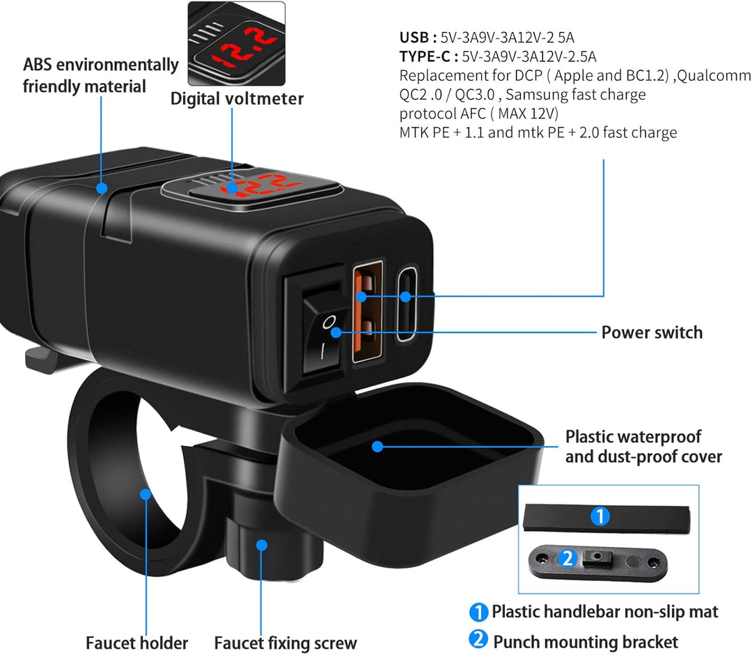 Motorrad USB- & Type-C-Schnellladegerät mit Voltmeter – Drayvik