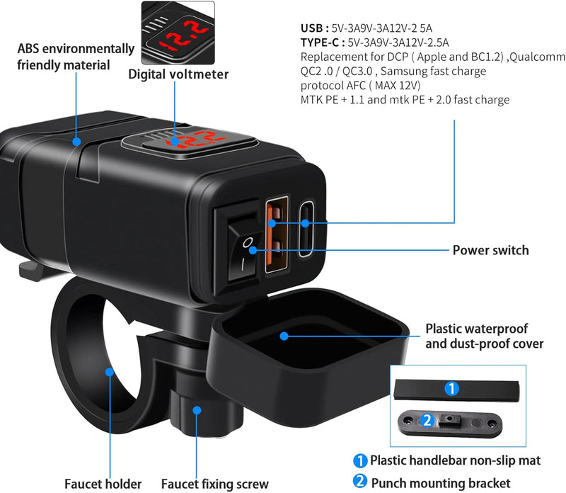 Motorrad USB- & Type-C-Schnellladegerät mit Voltmeter – Drayvik