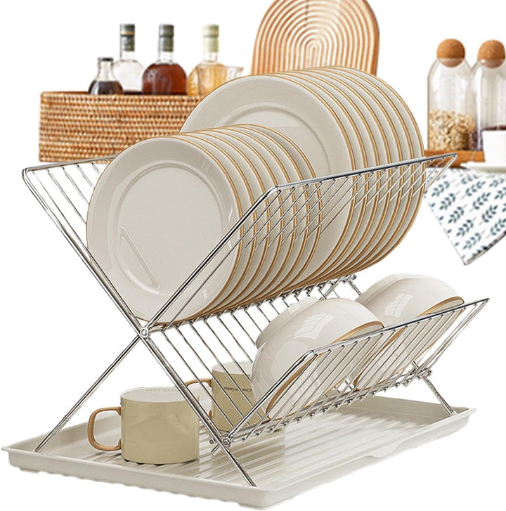 Folding Dish Drying Rack – 2-Tier Countertop Drying Rack with Removable Drip Tray – Kelvra 