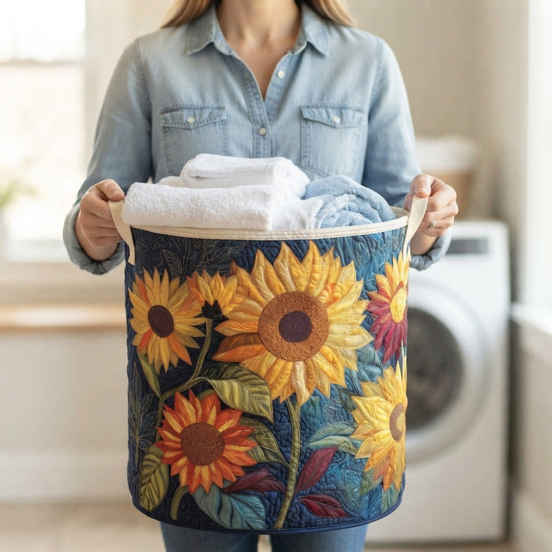 Vrouw in spijkerblouse draagt de gevulde mand met zonnebloemmotief aan beide handvatten voor een wasmachine. 3