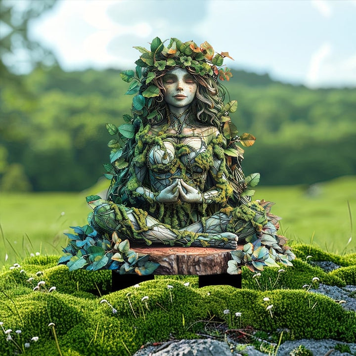 Tuinprikker van een mediterende vrouwenfiguur van blad en mos, zittend op een boomstam, op een grasveld met paddenstoeltjes. 5