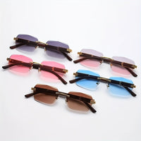 Randlose Sonnenbrille mit Rechteckigen Gläsern und Holzoptik-Bügeln – Verro