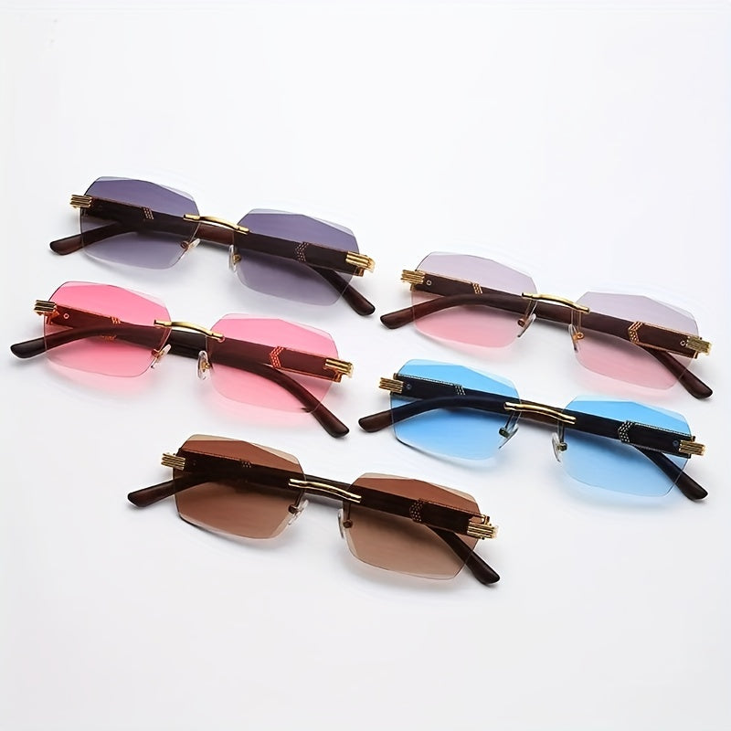 Randlose Sonnenbrille mit Rechteckigen Gläsern und Holzoptik-Bügeln – Verro