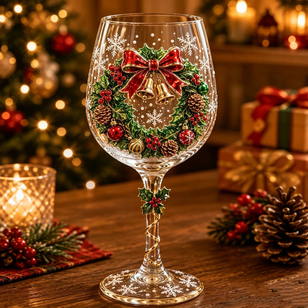 Wijnglas met 3D-kerstkrans met rode strik, gouden belletjes, dennenappels en kerstballen, hulstdetail aan de steel 5