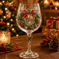 Wijnglas met 3D-kerstkrans met rode strik, gouden belletjes, dennenappels en kerstballen, hulstdetail aan de steel 5