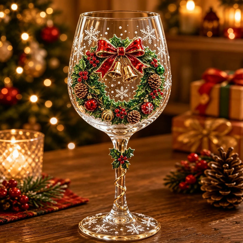 Wijnglas met 3D-kerstkrans met rode strik, gouden belletjes, dennenappels en kerstballen, hulstdetail aan de steel 5