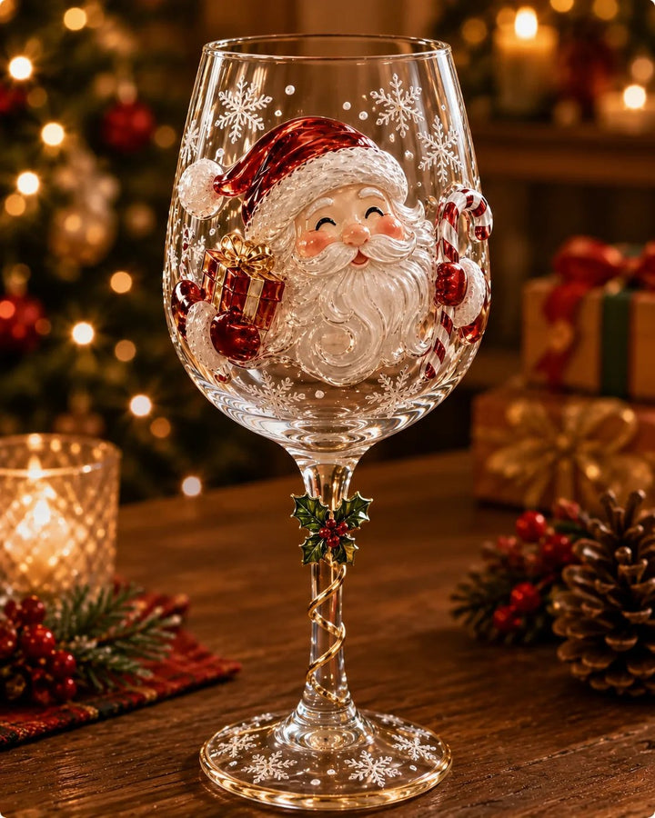 Wijnglas met 3D-kerstman met cadeautje en zuurstok, hulstversiering aan de steel, op een feestelijk gedekte tafel 1