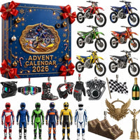 Blauwe doos met rode strikken, daarnaast crossmotoren, helm, laarzen, handschoenen, racepakken, vlag en bekers als 3