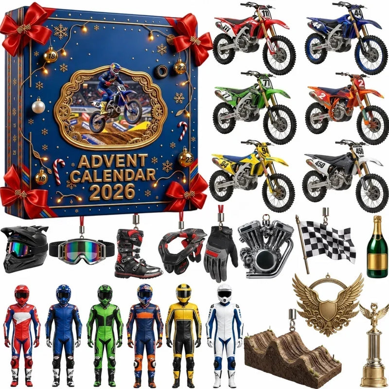 Blauwe doos met rode strikken, daarnaast crossmotoren, helm, laarzen, handschoenen, racepakken, vlag en bekers als 3