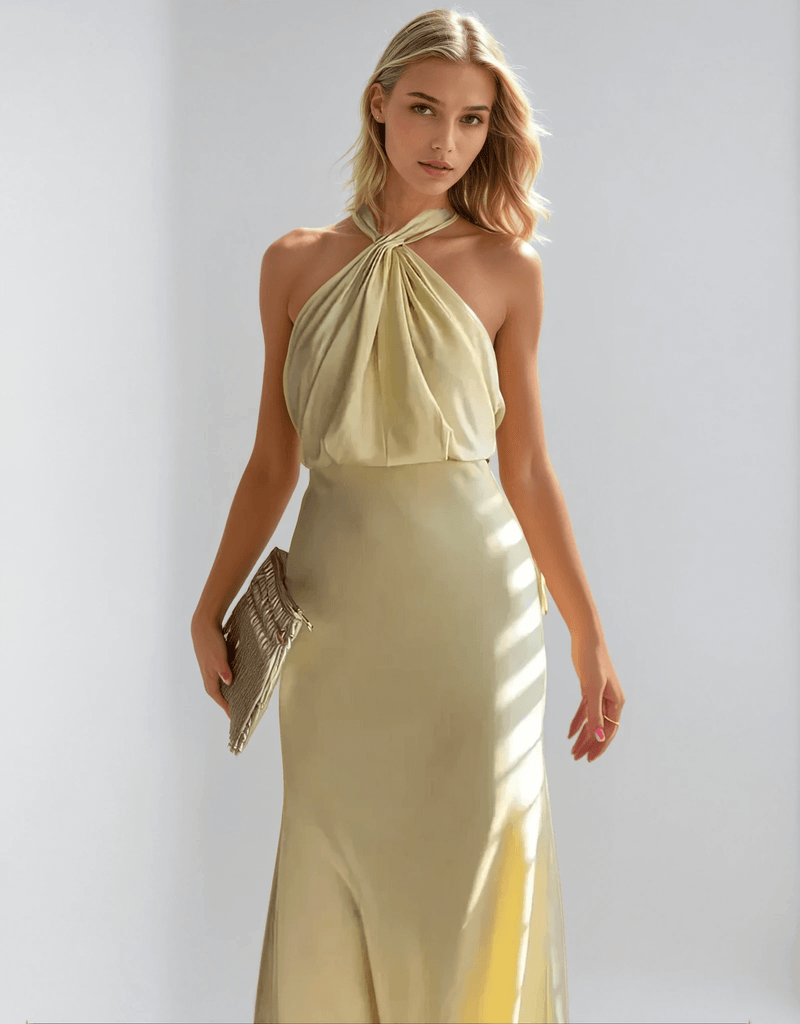Stylish halterneck maxi dress for women with waist – Yara