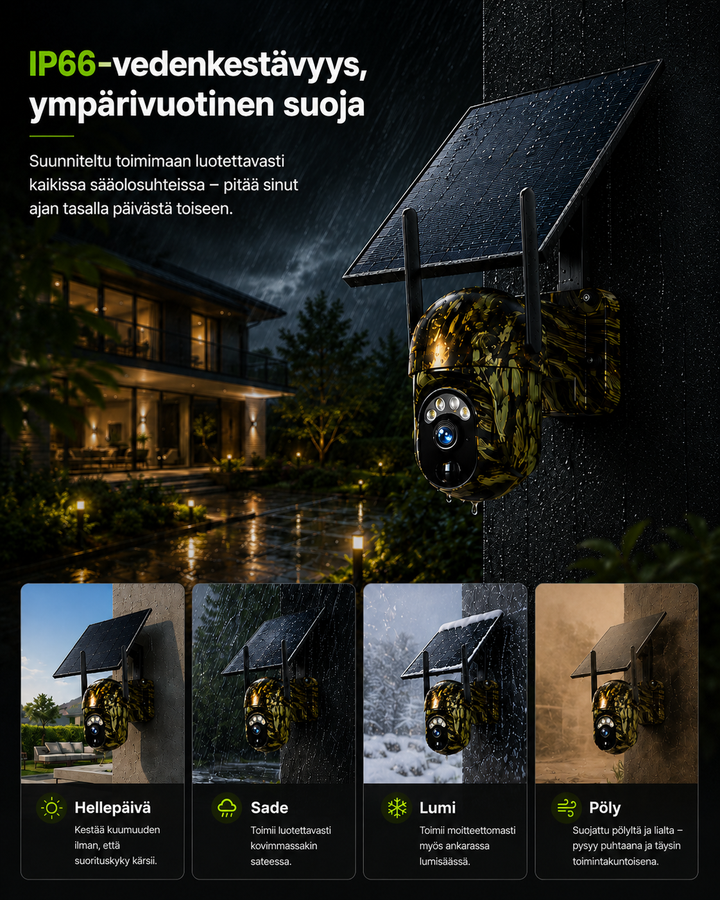 Waterdichte camera met zonnepaneel aan een muur in de regen bij een huis, met vier kleine weerbeelden voor zon, regen, sneeuw en stof. 7
