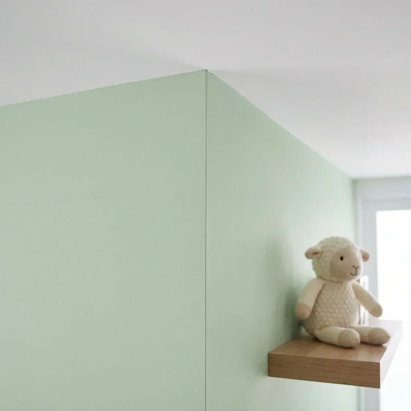 Muur in lichtgroen met strakke, rechte hoek bij het plafond en een knuffelschaap op een plank 5