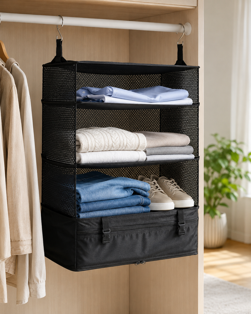 Zijaanzicht van de hangende organizer met gaaswanden, gevuld met overhemden, truien, jeans en sneakers 12
