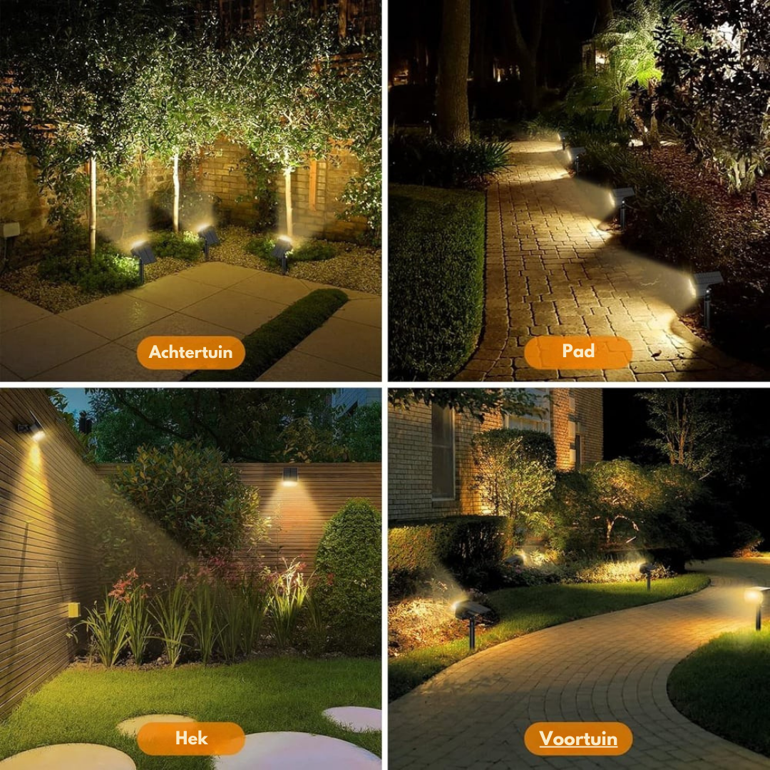 Vier toepassingen van de tuinspot met warm licht: achtertuin, pad, hek en voortuin in het donker. 8