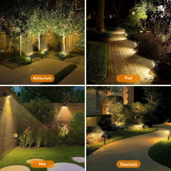 Vier toepassingen van de tuinspot met warm licht: achtertuin, pad, hek en voortuin in het donker. 8