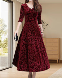 Velvet Midi Dress with Long Sleeves - Selina