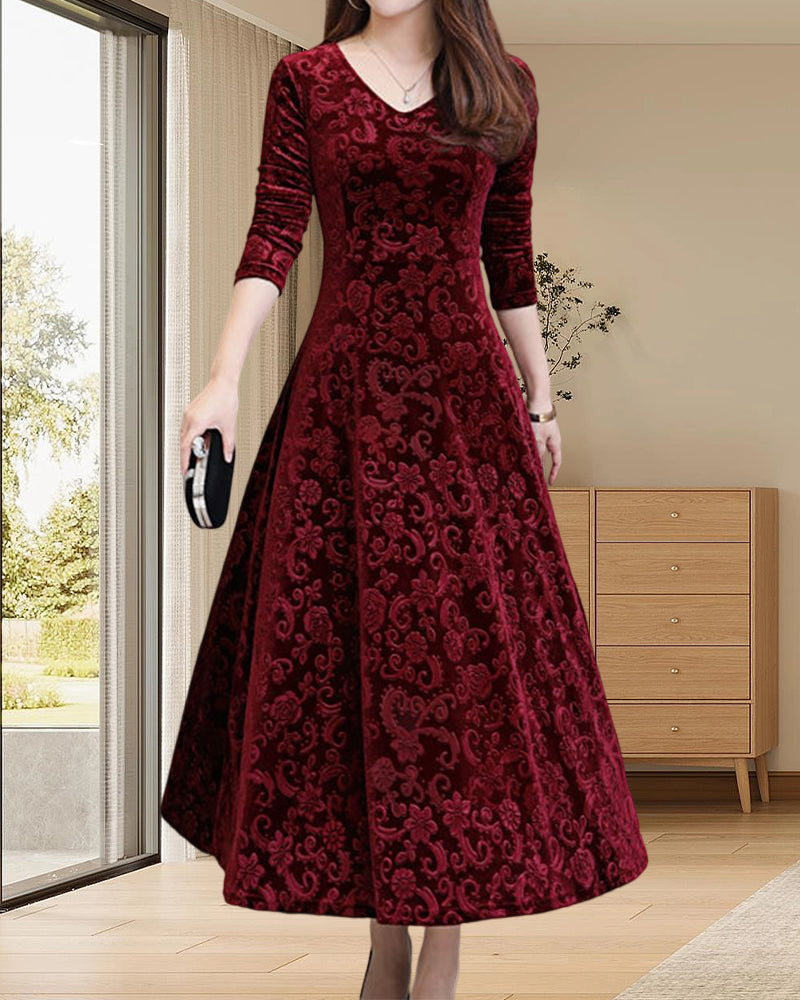 Velvet Midi Dress with Long Sleeves - Selina