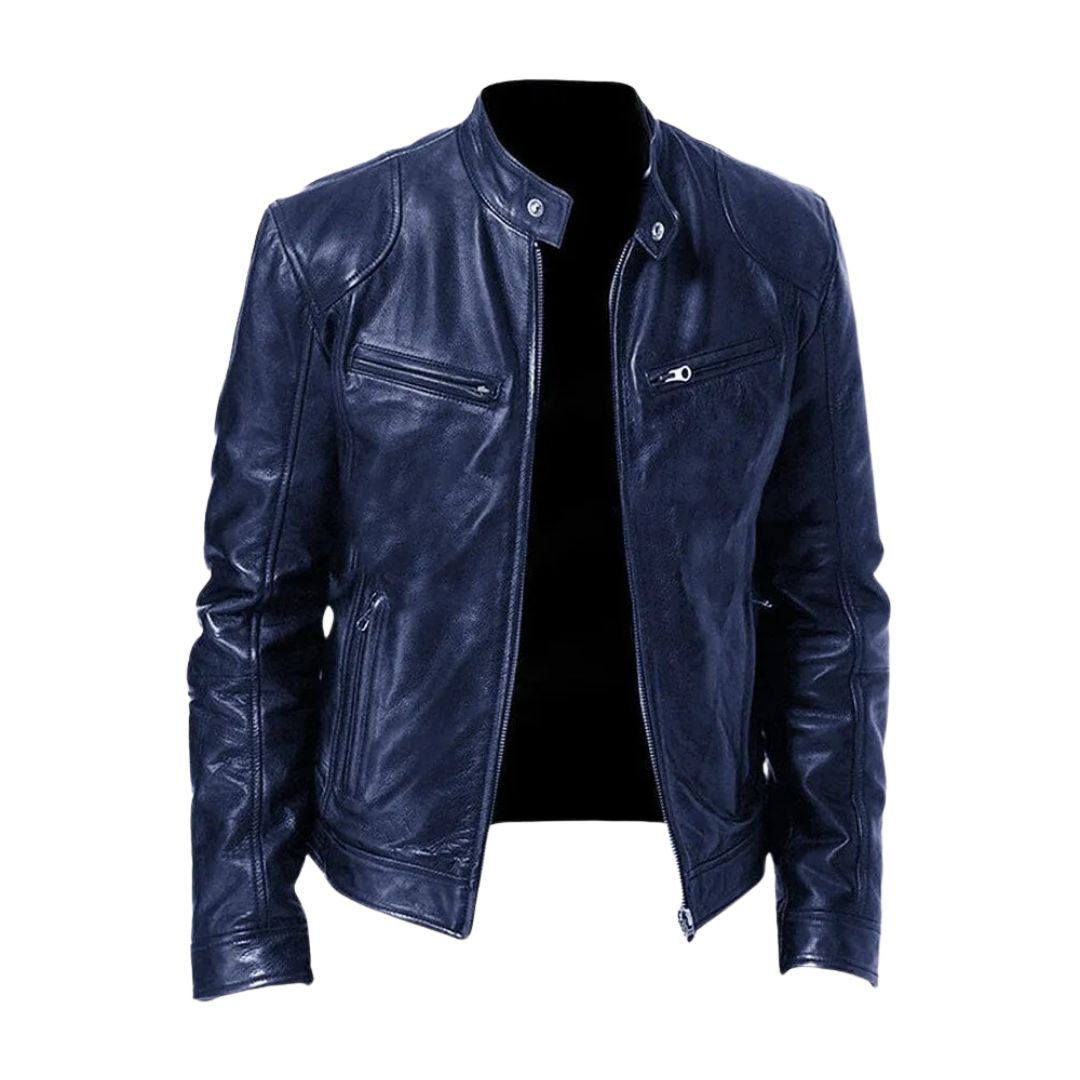 Donkerblauw leren jack met glanzend leer, opstaande kraag en ritszakken, voorkant met open rits. 5