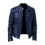 Donkerblauw leren jack met glanzend leer, opstaande kraag en ritszakken, voorkant met open rits. 5