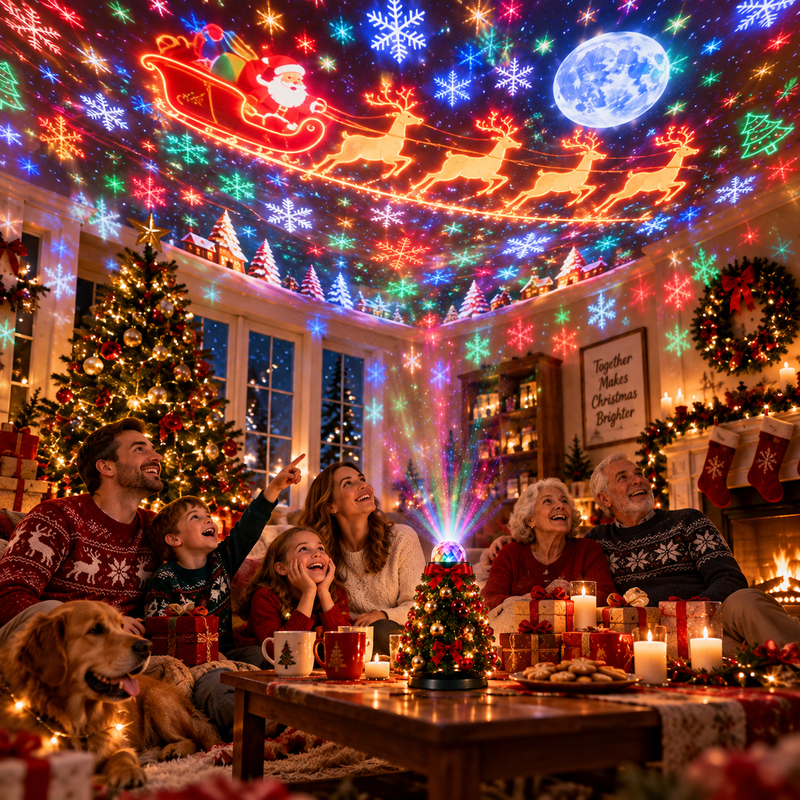 Gezin met kinderen, grootouders en hond kijkt lachend naar de kleurrijke kerstprojectie op het plafond 7