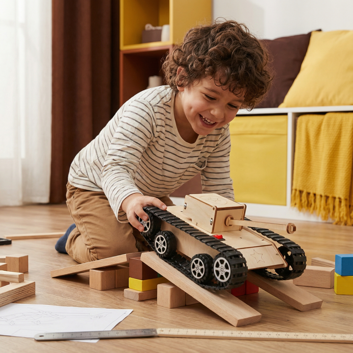 Lachend kind laat een houten tank met rupsbanden en geschutsloop over houten plankjes en blokken rijden. 8