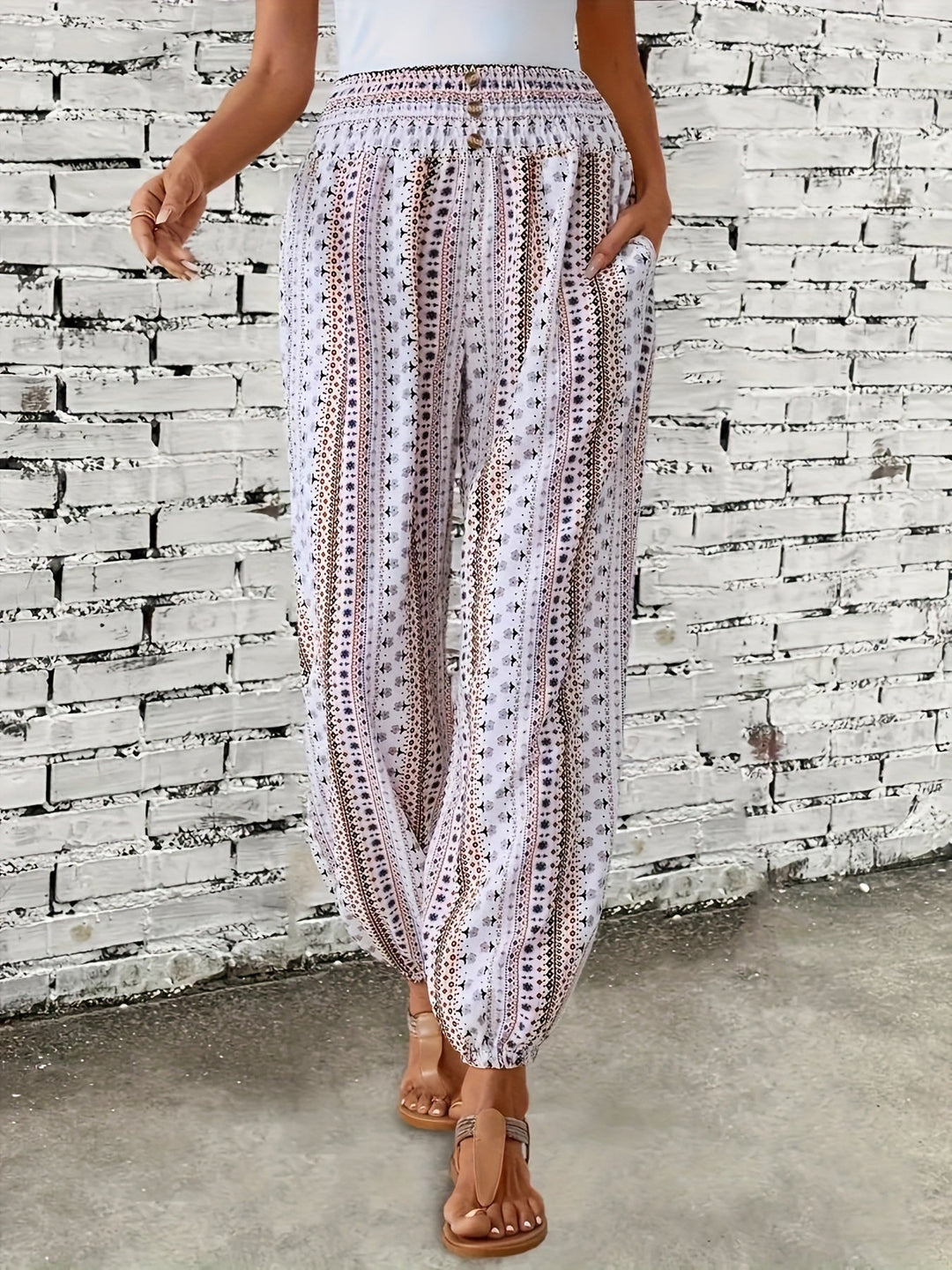 Boho-Hochbund-Damenhose mit Print & raffinierter Taille – Linara