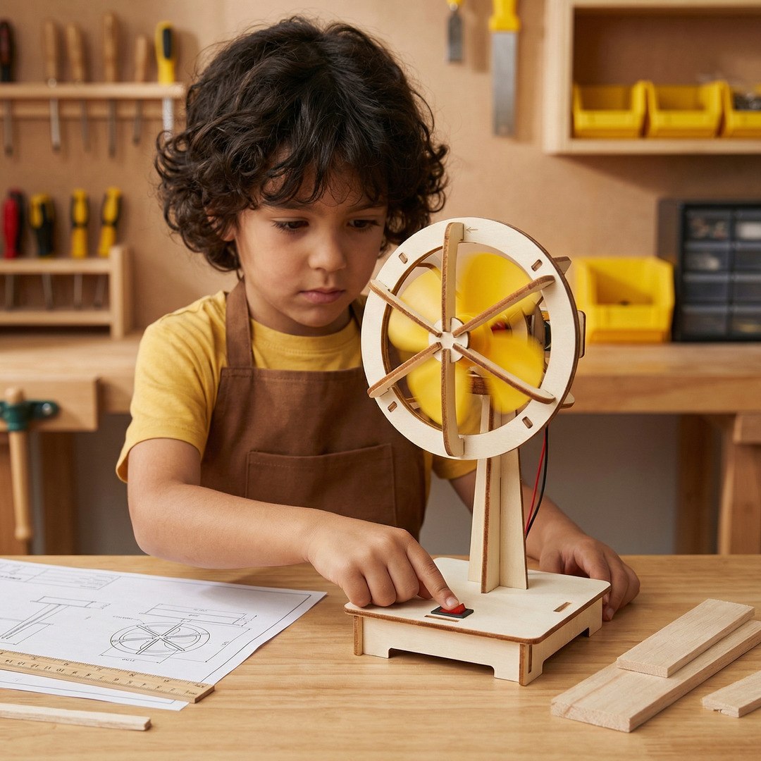 Kind in werkplaats zet met een rode schakelaar een houten ventilator met gele schroefbladen aan, naast bouwtekening en latjes. 2