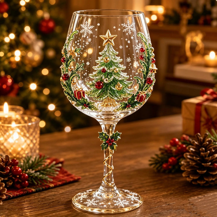 Wijnglas met 3D-kerstboom met gouden ster, omringd door hulstranken en cadeautjes, met hulstversiering aan de steel 4