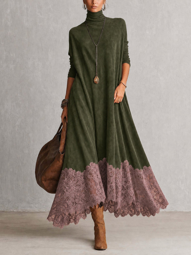 Groene jurk met roze kanten zoom, gedragen met cowboylaarzen en grote tas 9