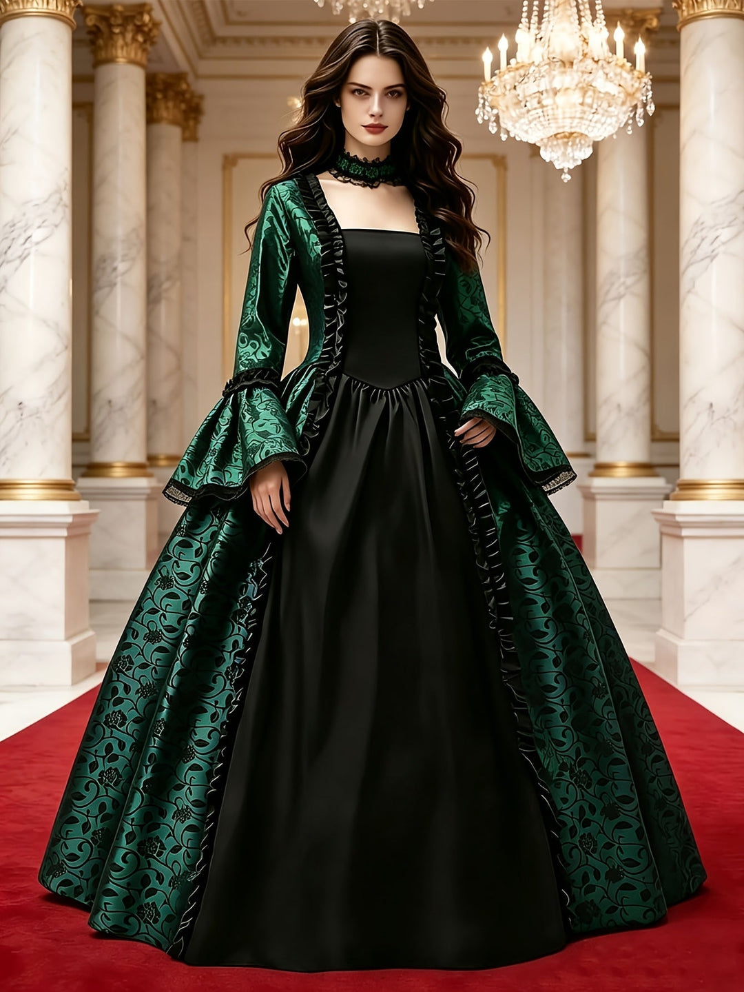 Model in groene versie van de jurk met zwart voorpaneel en ruches, in een marmeren zaal met rode loper. 6