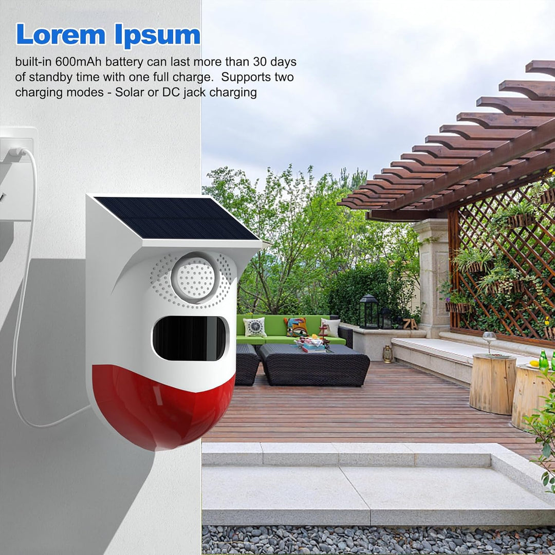 Solarbetriebenes Bewegungsmelder-Alarmgerät mit 120-dB-Sirene und LED-Stroboskop – Feronix