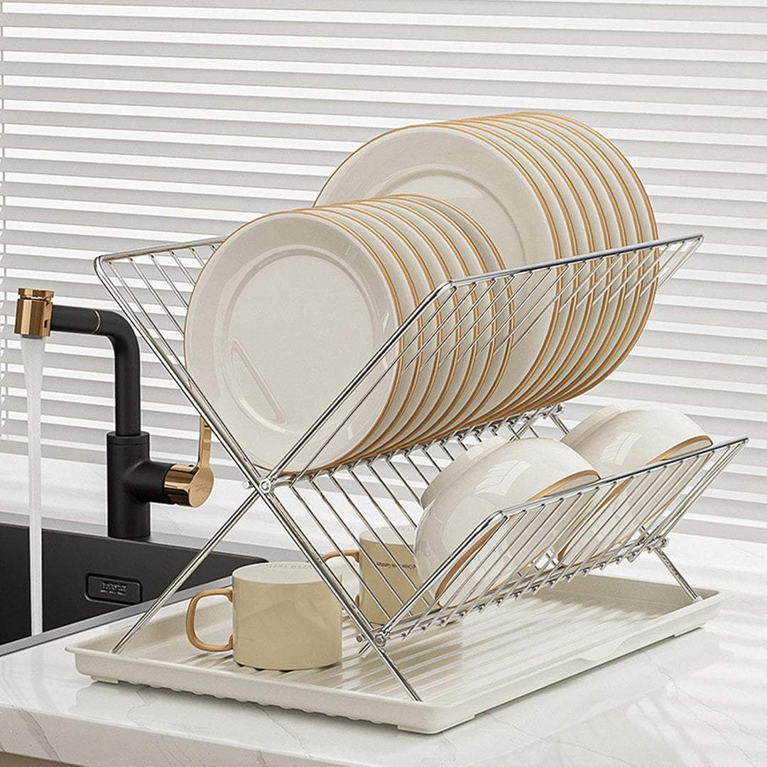 Folding Dish Drying Rack – 2-Tier Countertop Drying Rack with Removable Drip Tray – Kelvra 