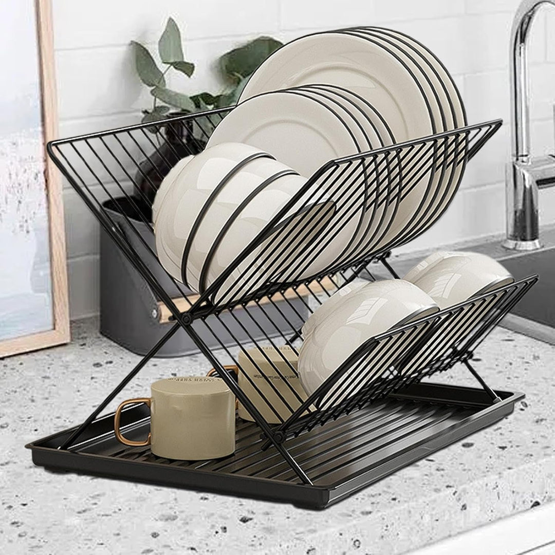 Folding Dish Drying Rack – 2-Tier Countertop Drying Rack with Removable Drip Tray – Kelvra 