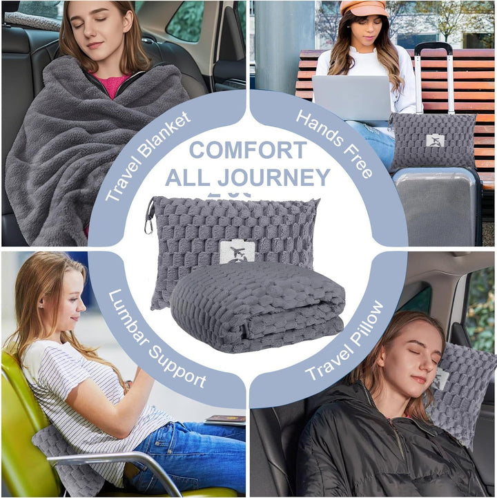 Foldable Flannel Travel Blanket with Pillow Pocket and Luggage Slot – Trevora 