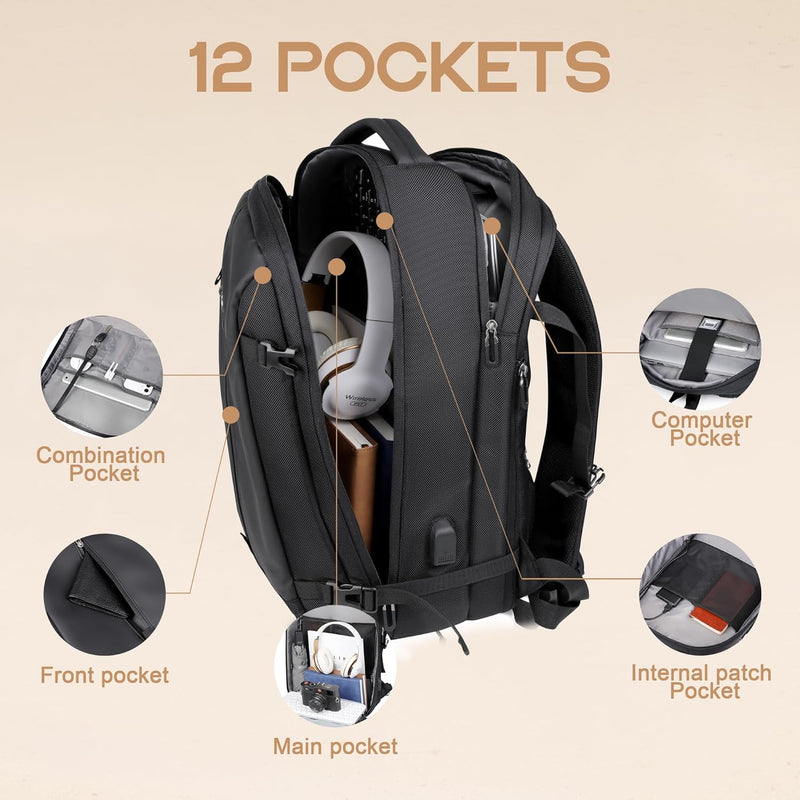 40L Uitbreidbare Waterdichte Reisrugzak met USB-poort & 17” Laptopvak – AirVoyage