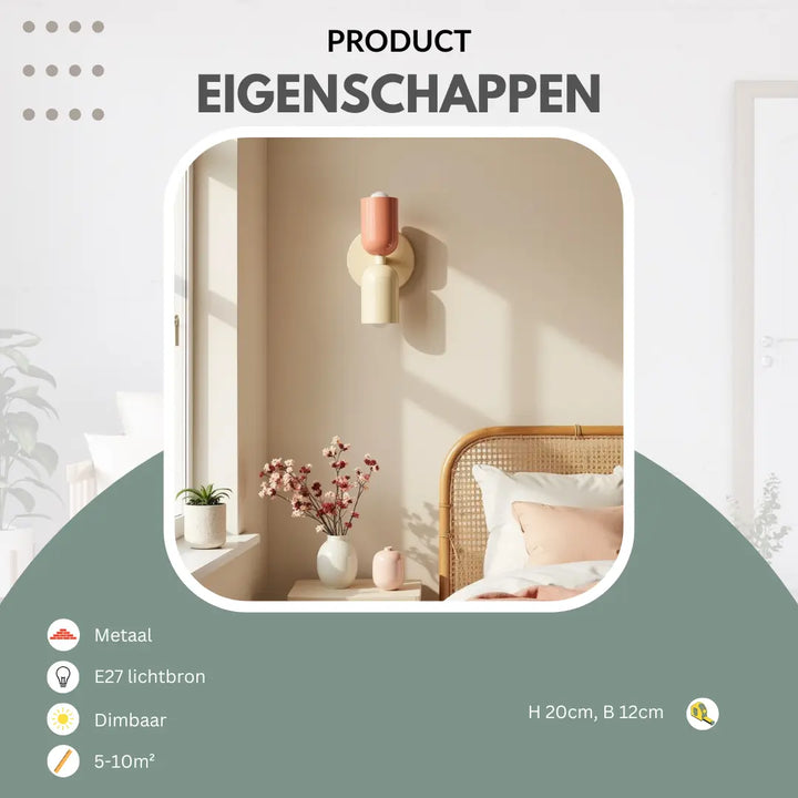 Infographic met de eigenschappen van de wandlamp, zoals metaal, dimbaar en E27-fitting, naast een lamp boven een nachtkastje met bloemen. 22