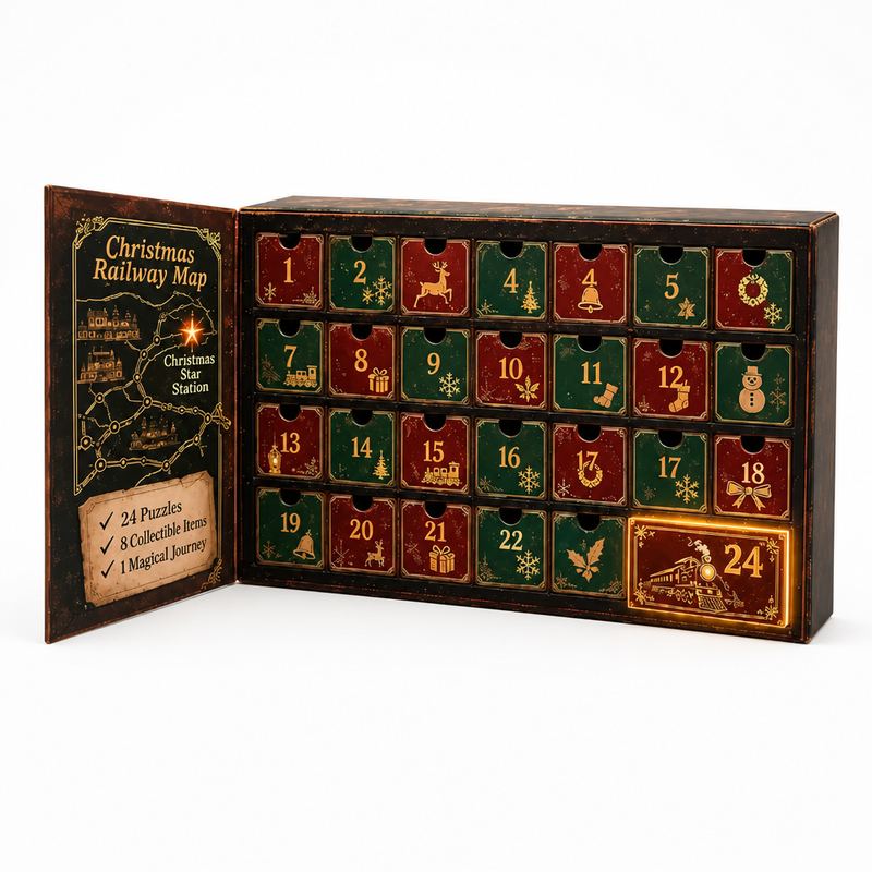 Voorkant van de geopende spoorweg-kalender met rood-groene vakjes 1 tot 24 en een binnenklep met kaart, op witte achtergrond. 6